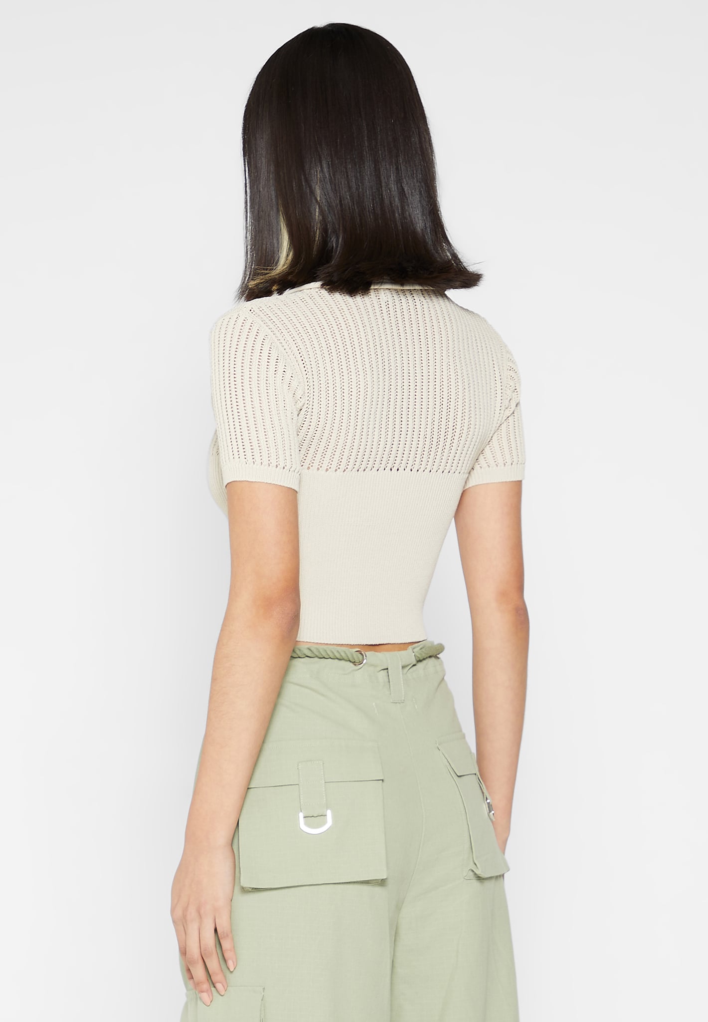 Zip Front Knitted Crop Top - Beige