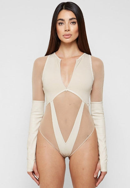 High Leg Effect Vegan Leather Bodysuit - Beige